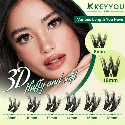 KEYYOU Flaunt Lash Clusters Kit – 3D Spider DIY Lashes Extension Kit, Thick Eyelash Clusters 144pcs, Fluffy Wispy Volume Lashes with Waterproof Lash Bond, Seal & Remover (F01) Avelisse