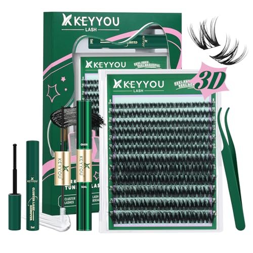 KEYYOU Flaunt Lash Clusters Kit – 3D Spider DIY Lashes Extension Kit, Thick Eyelash Clusters 144pcs, Fluffy Wispy Volume Lashes with Waterproof Lash Bond, Seal & Remover (F01) Avelisse