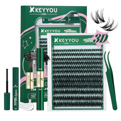 KEYYOU Flaunt Lash Clusters Kit – 3D Spider DIY Lashes Extension Kit, Thick Eyelash Clusters 144pcs, Fluffy Wispy Volume Lashes with Waterproof Lash Bond, Seal & Remover (F01) Avelisse