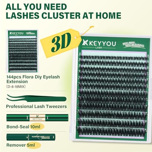 KEYYOU Flaunt Lash Clusters Kit – 3D Spider DIY Lashes Extension Kit, Thick Eyelash Clusters 144pcs, Fluffy Wispy Volume Lashes with Waterproof Lash Bond, Seal & Remover (F01) Avelisse