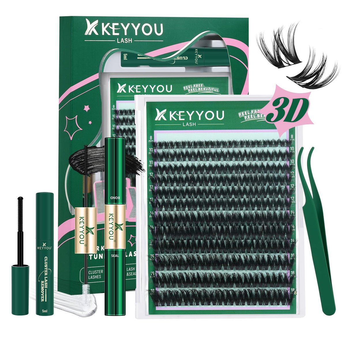 KEYYOU Flaunt Lash Clusters Kit – 3D Spider DIY Lashes Extension Kit, Thick Eyelash Clusters 144pcs, Fluffy Wispy Volume Lashes with Waterproof Lash Bond, Seal & Remover (F01) Avelisse