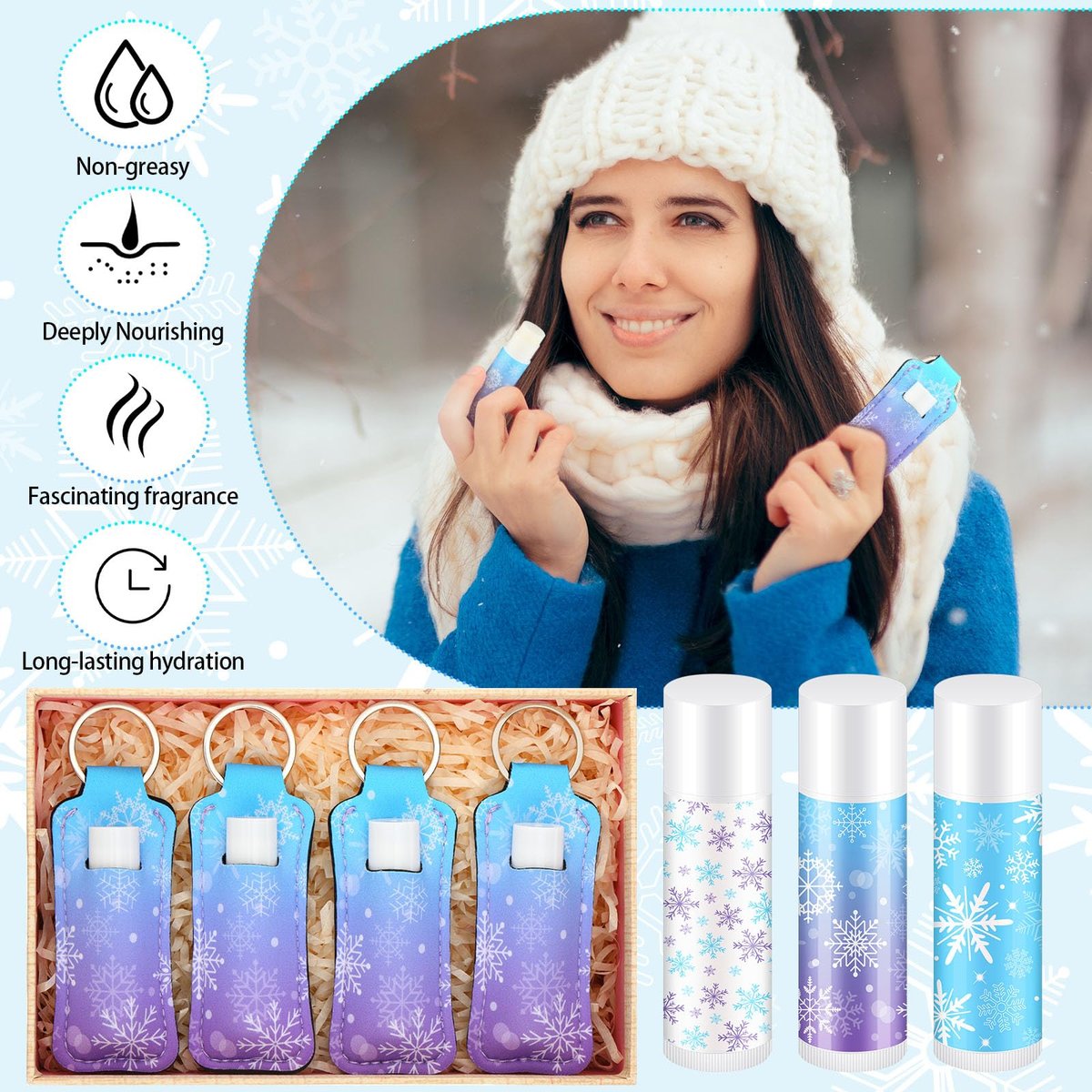 Swiffen 36-Pack Winter Snowflake Party Favors - Wonderland Lip Balm & Lipstick Holder Keychain Bulk for January Birthday Gifts, Coworkers, Employee, Women, Guest, Bridal Shower Party Supplies - görsel 11