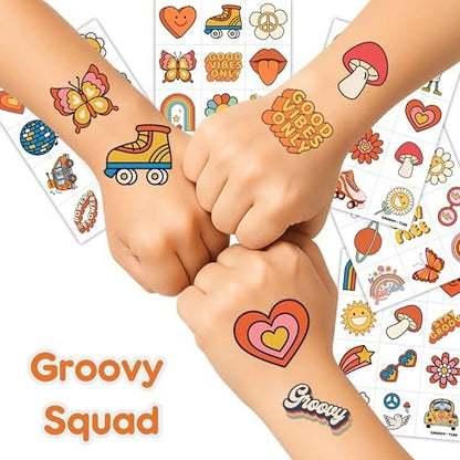 60PCS Groovy Temporary Tattoos for Kids – Pre-Cut Retro Hippie Fake Tattoos, Birthday Party Favors & Classroom Rewards