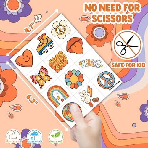 60PCS Groovy Temporary Tattoos for Kids – Pre-Cut Retro Hippie Fake Tattoos, Birthday Party Favors & Classroom Rewards - görsel 10