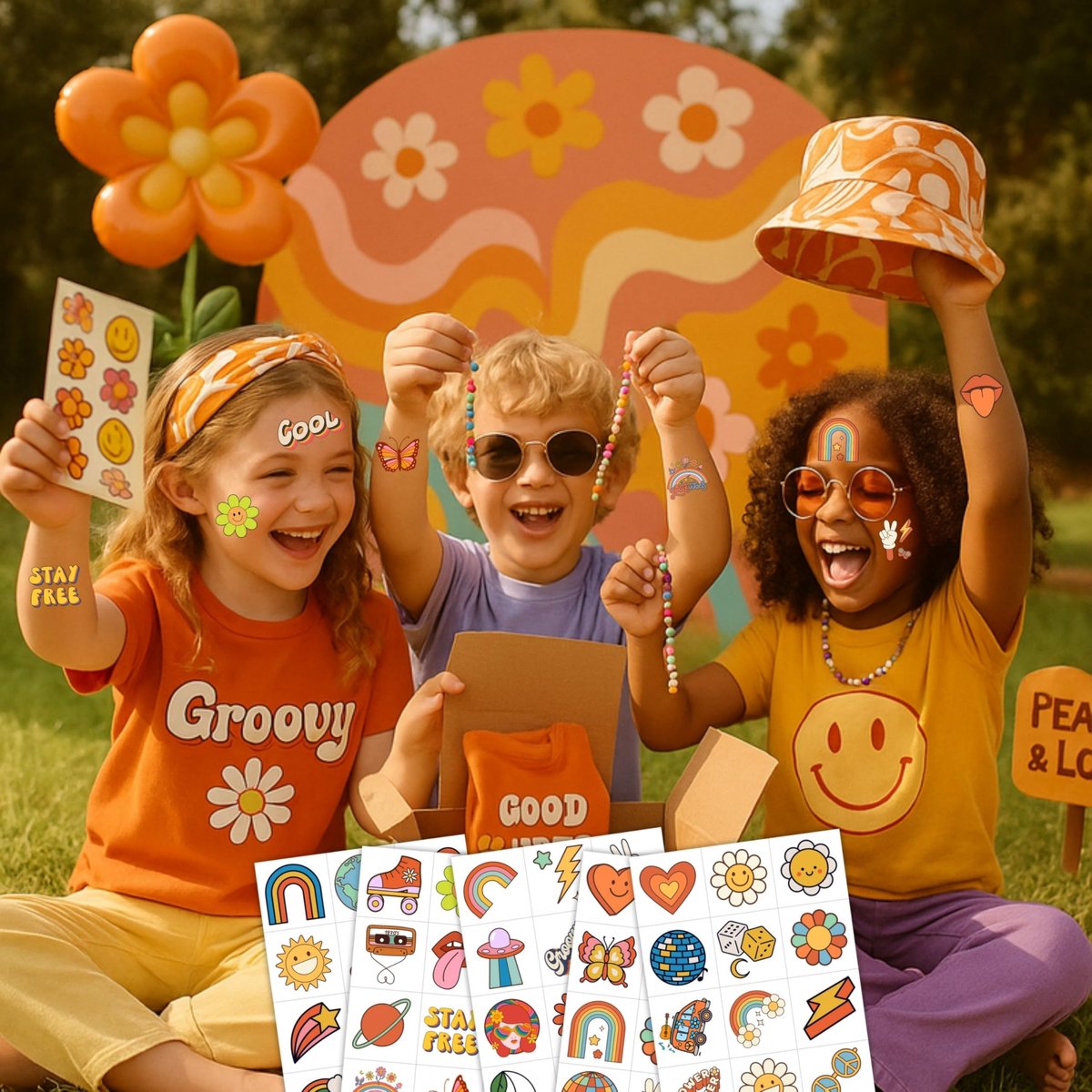 60PCS Groovy Temporary Tattoos for Kids – Pre-Cut Retro Hippie Fake Tattoos, Birthday Party Favors & Classroom Rewards - görsel 5