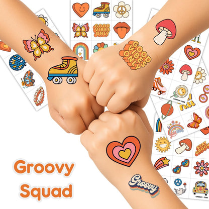 60PCS Groovy Temporary Tattoos for Kids – Pre-Cut Retro Hippie Fake Tattoos, Birthday Party Favors & Classroom Rewards