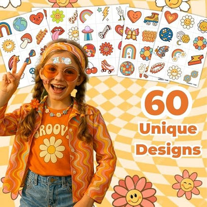 60PCS Groovy Temporary Tattoos for Kids – Pre-Cut Retro Hippie Fake Tattoos, Birthday Party Favors & Classroom Rewards