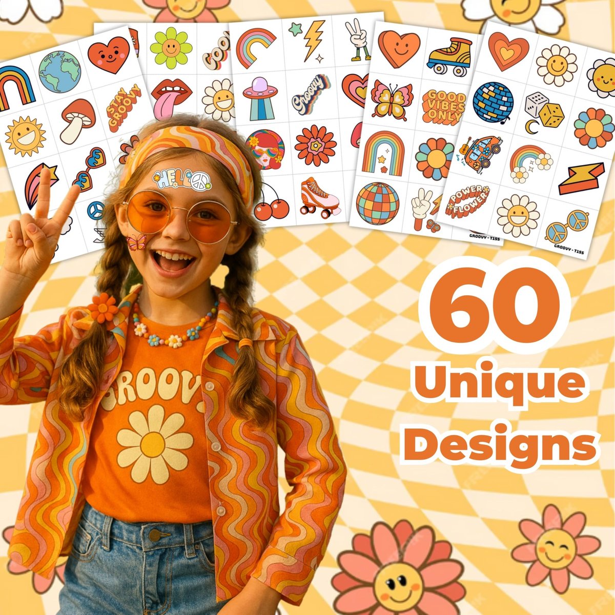 60PCS Groovy Temporary Tattoos for Kids – Pre-Cut Retro Hippie Fake Tattoos, Birthday Party Favors & Classroom Rewards - görsel 3