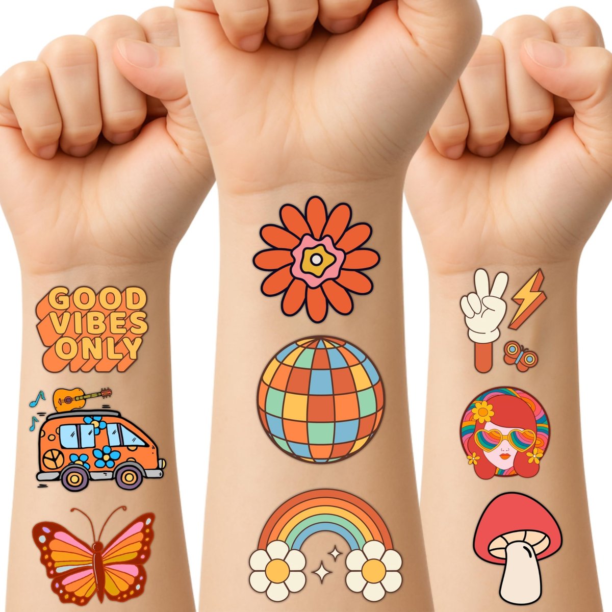 60PCS Groovy Temporary Tattoos for Kids – Pre-Cut Retro Hippie Fake Tattoos, Birthday Party Favors & Classroom Rewards - görsel 15