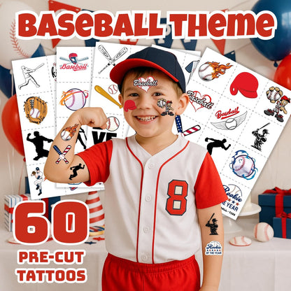 60PCS Baseball Temporary Tattoos for Kids - Pre-Cut Cute Birthday Party Favors & Supplies - Fun Fake Tattoo Stickers for Boys & Girls Avelisse