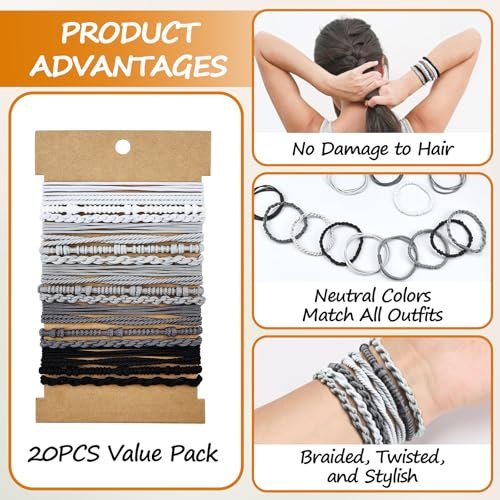 Dobur 20-Pack No Damage Hair Ties - Elastic Braided Ponytail Holders for Women, Neutral Boho Hair Accessories - görsel 12