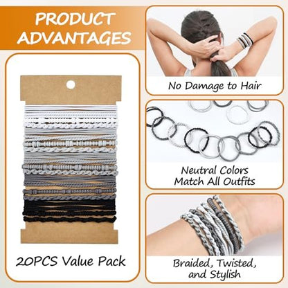 Dobur 20-Pack No Damage Hair Ties - Elastic Braided Ponytail Holders for Women, Neutral Boho Hair Accessories