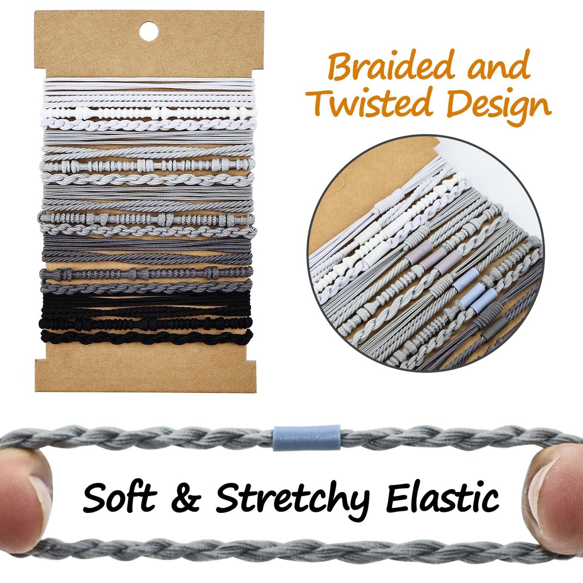 Dobur 20-Pack No Damage Hair Ties - Elastic Braided Ponytail Holders for Women, Neutral Boho Hair Accessories - görsel 3
