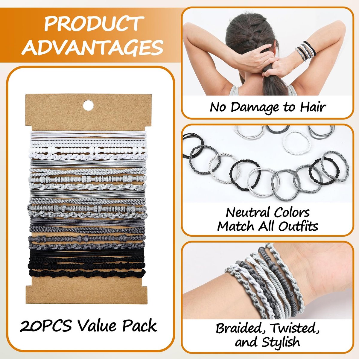 Dobur 20-Pack No Damage Hair Ties - Elastic Braided Ponytail Holders for Women, Neutral Boho Hair Accessories - görsel 11