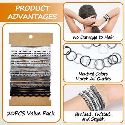 Dobur 20-Pack No Damage Hair Ties - Elastic Braided Ponytail Holders for Women, Neutral Boho Hair Accessories