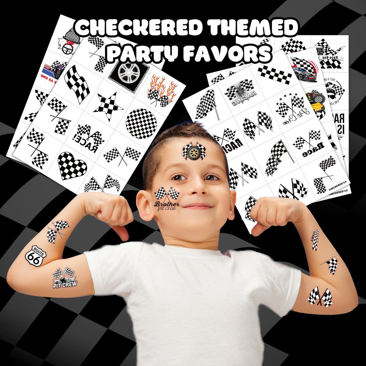60 PCS Race Car Checkered Flag Temporary Tattoos for Kids & Adults - Pre-Cut Black and White Fake Tattoos for Birthday Party Favors, School Prizes, Racing Theme Decorations - görsel 3