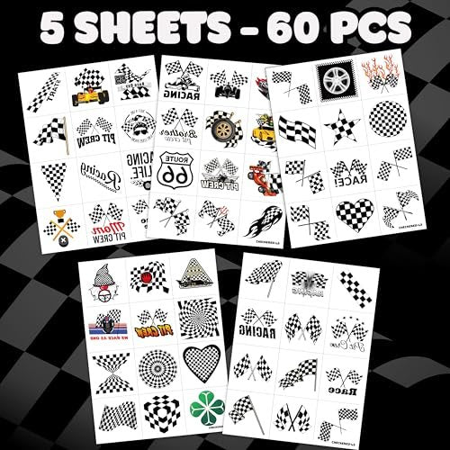 60 PCS Race Car Checkered Flag Temporary Tattoos for Kids & Adults - Pre-Cut Black and White Fake Tattoos for Birthday Party Favors, School Prizes, Racing Theme Decorations - görsel 6