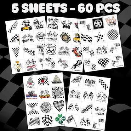 60 PCS Race Car Checkered Flag Temporary Tattoos for Kids & Adults - Pre-Cut Black and White Fake Tattoos for Birthday Party Favors, School Prizes, Racing Theme Decorations