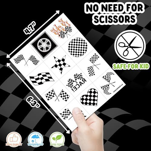 60 PCS Race Car Checkered Flag Temporary Tattoos for Kids & Adults - Pre-Cut Black and White Fake Tattoos for Birthday Party Favors, School Prizes, Racing Theme Decorations - görsel 8