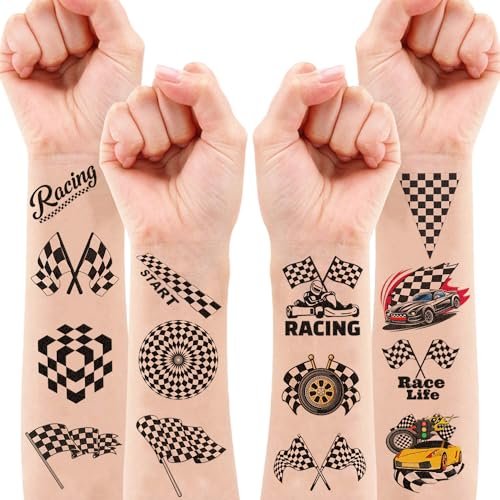 60 PCS Race Car Checkered Flag Temporary Tattoos for Kids & Adults - Pre-Cut Black and White Fake Tattoos for Birthday Party Favors, School Prizes, Racing Theme Decorations - görsel 14