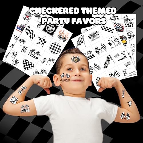 60 PCS Race Car Checkered Flag Temporary Tattoos for Kids & Adults - Pre-Cut Black and White Fake Tattoos for Birthday Party Favors, School Prizes, Racing Theme Decorations - görsel 4