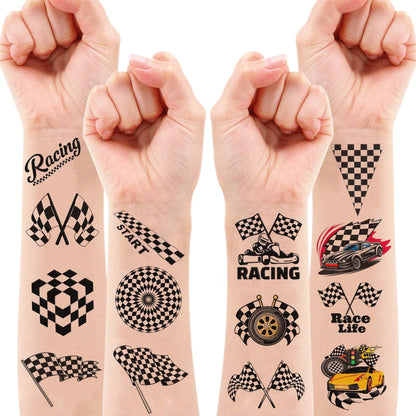 60 PCS Race Car Checkered Flag Temporary Tattoos for Kids & Adults - Pre-Cut Black and White Fake Tattoos for Birthday Party Favors, School Prizes, Racing Theme Decorations