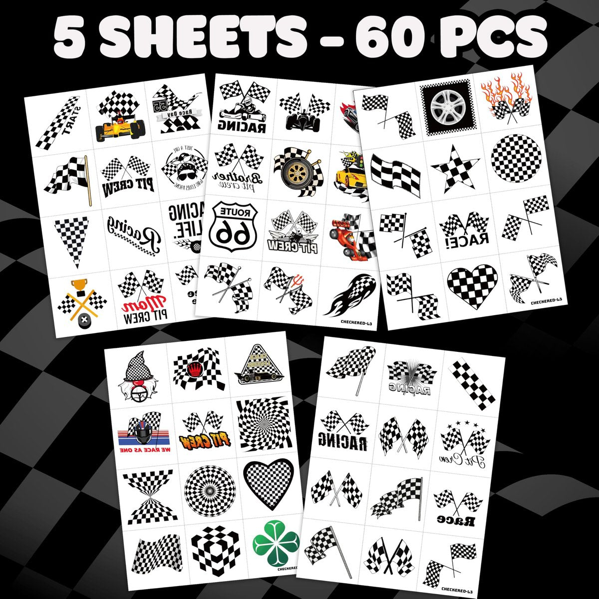 60 PCS Race Car Checkered Flag Temporary Tattoos for Kids & Adults - Pre-Cut Black and White Fake Tattoos for Birthday Party Favors, School Prizes, Racing Theme Decorations - görsel 5