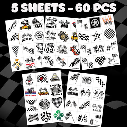 60 PCS Race Car Checkered Flag Temporary Tattoos for Kids & Adults - Pre-Cut Black and White Fake Tattoos for Birthday Party Favors, School Prizes, Racing Theme Decorations