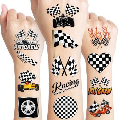 60 PCS Race Car Checkered Flag Temporary Tattoos for Kids & Adults - Pre-Cut Black and White Fake Tattoos for Birthday Party Favors, School Prizes, Racing Theme Decorations - görsel 2
