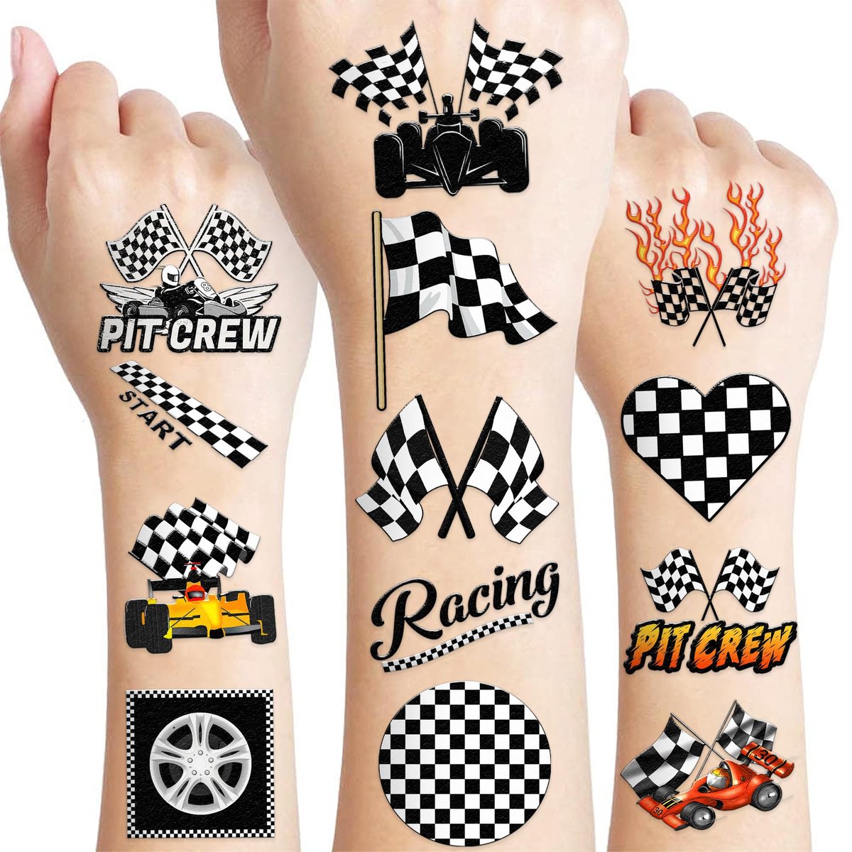 60 PCS Race Car Checkered Flag Temporary Tattoos for Kids & Adults - Pre-Cut Black and White Fake Tattoos for Birthday Party Favors, School Prizes, Racing Theme Decorations - görsel 1