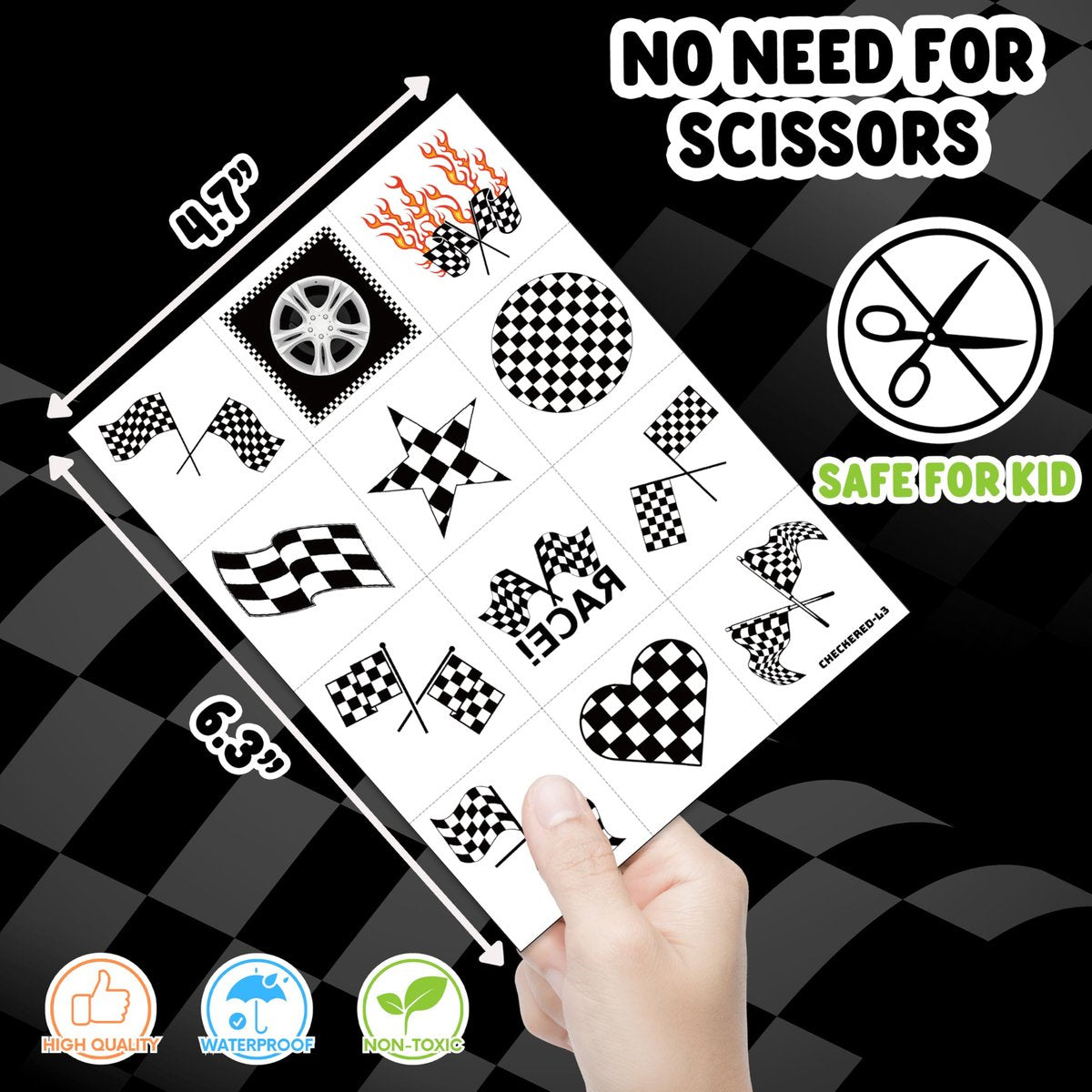 60 PCS Race Car Checkered Flag Temporary Tattoos for Kids & Adults - Pre-Cut Black and White Fake Tattoos for Birthday Party Favors, School Prizes, Racing Theme Decorations - görsel 7