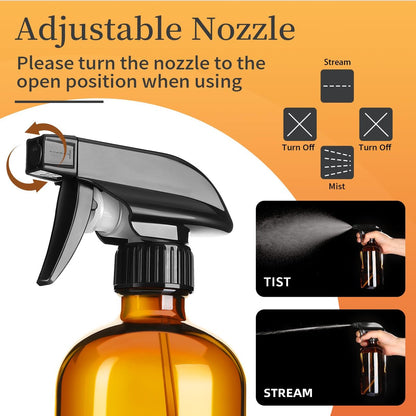 Vitreaux 2 Pack Amber Glass Spray Bottles - 16oz Refillable Empty Containers with Adjustable Nozzle for Cleaning, Pets, Aromatherapy, Hair Mister - Squirt and Mist Setting