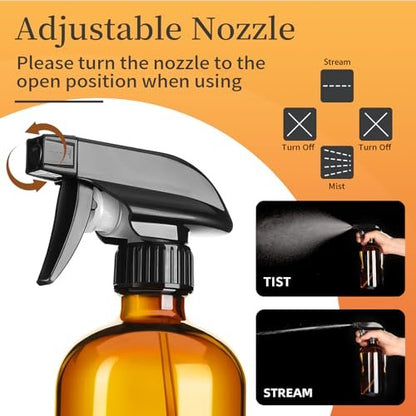 Vitreaux 2 Pack Amber Glass Spray Bottles - 16oz Refillable Empty Containers with Adjustable Nozzle for Cleaning, Pets, Aromatherapy, Hair Mister - Squirt and Mist Setting