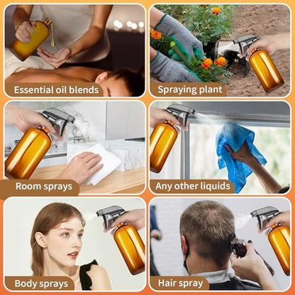 Vitreaux 2 Pack Amber Glass Spray Bottles - 16oz Refillable Empty Containers with Adjustable Nozzle for Cleaning, Pets, Aromatherapy, Hair Mister - Squirt and Mist Setting