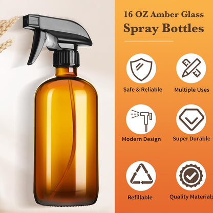 Vitreaux 2 Pack Amber Glass Spray Bottles - 16oz Refillable Empty Containers with Adjustable Nozzle for Cleaning, Pets, Aromatherapy, Hair Mister - Squirt and Mist Setting