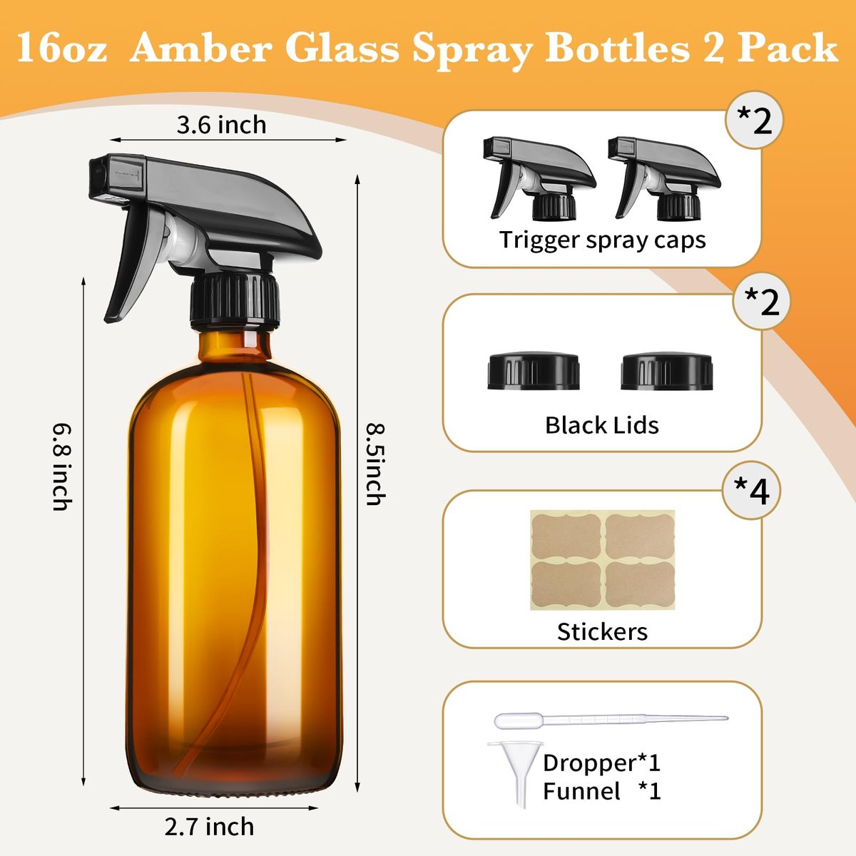 Vitreaux 2 Pack Amber Glass Spray Bottles - 16oz Refillable Empty Containers with Adjustable Nozzle for Cleaning, Pets, Aromatherapy, Hair Mister - Squirt and Mist Setting - görsel 3