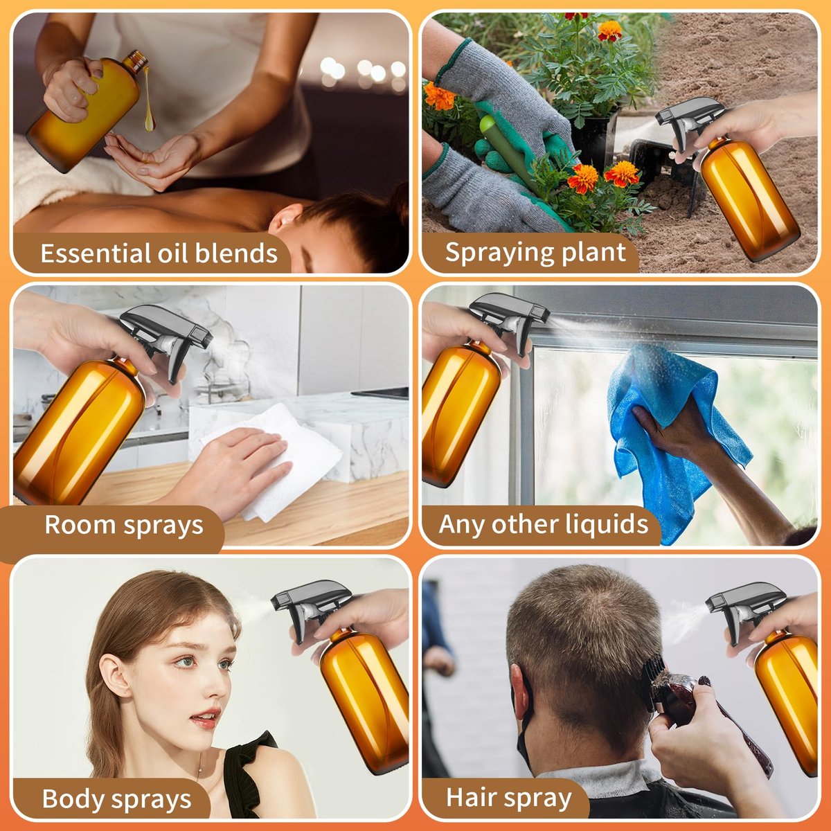 Vitreaux 2 Pack Amber Glass Spray Bottles - 16oz Refillable Empty Containers with Adjustable Nozzle for Cleaning, Pets, Aromatherapy, Hair Mister - Squirt and Mist Setting - görsel 7