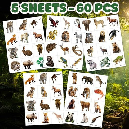 60 PCS Realistic Wildlife Jungle Animal Pre-Cut Temporary Tattoos - Party Favors, School Rewards, and Birthday Supplies for Kids