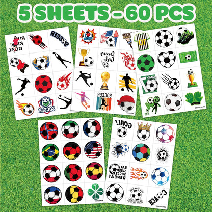60 PCS Soccer Temporary Tattoos for Kids - Pre-Cut Football Stickers for Sports Themed Birthday Party Favors & Goodie Bag Stuffers