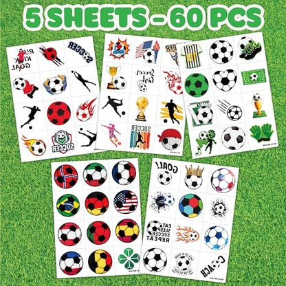 60 PCS Soccer Temporary Tattoos for Kids - Pre-Cut Football Stickers for Sports Themed Birthday Party Favors & Goodie Bag Stuffers