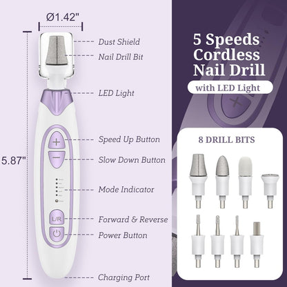PELCAS Electric Toenail Grinder for Thick Toenails - Cordless Nail Drill with 5 Speeds, LED Light, Manicure & Pedicure Kit for Human and Pet Nails Avelisse