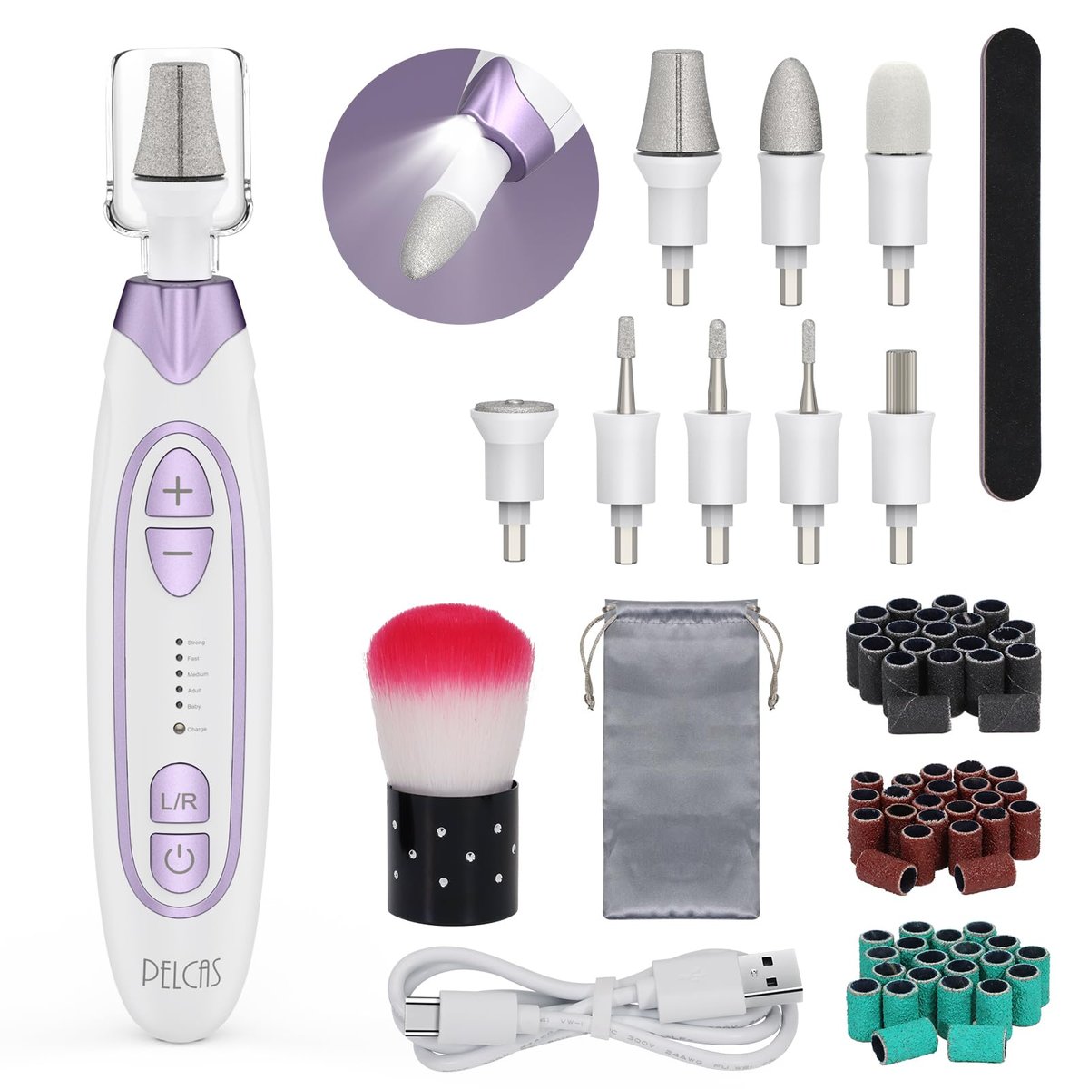 PELCAS Electric Toenail Grinder for Thick Toenails - Cordless Nail Drill with 5 Speeds, LED Light, Manicure & Pedicure Kit for Human and Pet Nails Avelisse