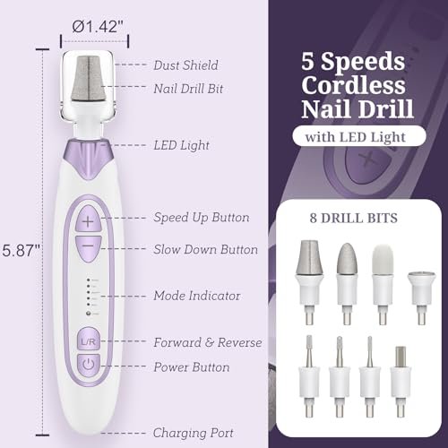 PELCAS Electric Toenail Grinder for Thick Toenails - Cordless Nail Drill with 5 Speeds, LED Light, Manicure & Pedicure Kit for Human and Pet Nails Avelisse
