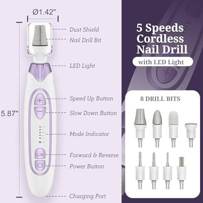 PELCAS Electric Toenail Grinder for Thick Toenails - Cordless Nail Drill with 5 Speeds, LED Light, Manicure & Pedicure Kit for Human and Pet Nails Avelisse