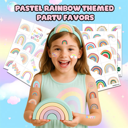 60 Pcs Pastel Rainbow Temporary Tattoos for Kids - Pre-Cut Boho Stickers for Birthday Party Favors, Baby Shower Decorations & School Rewards