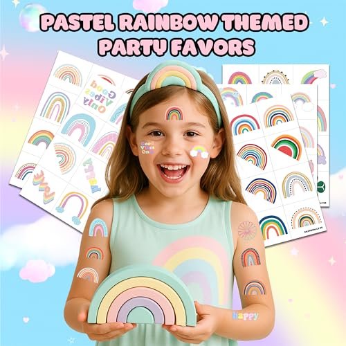 60 Pcs Pastel Rainbow Temporary Tattoos for Kids - Pre-Cut Boho Stickers for Birthday Party Favors, Baby Shower Decorations & School Rewards - görsel 4