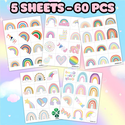60 Pcs Pastel Rainbow Temporary Tattoos for Kids - Pre-Cut Boho Stickers for Birthday Party Favors, Baby Shower Decorations & School Rewards