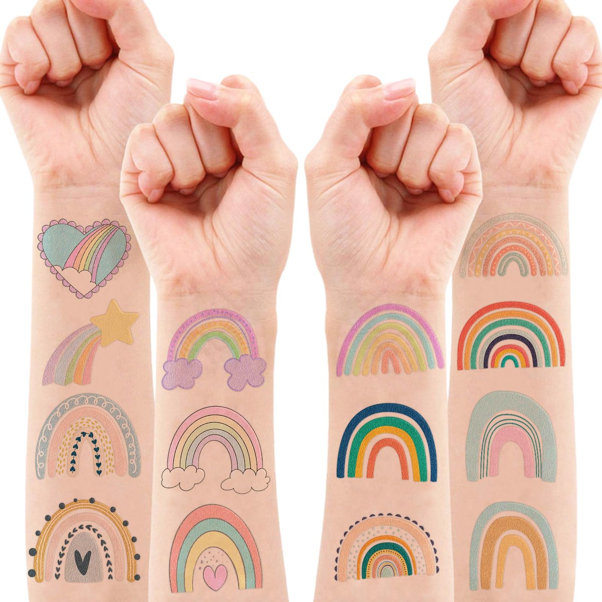 60 Pcs Pastel Rainbow Temporary Tattoos for Kids - Pre-Cut Boho Stickers for Birthday Party Favors, Baby Shower Decorations & School Rewards - görsel 13