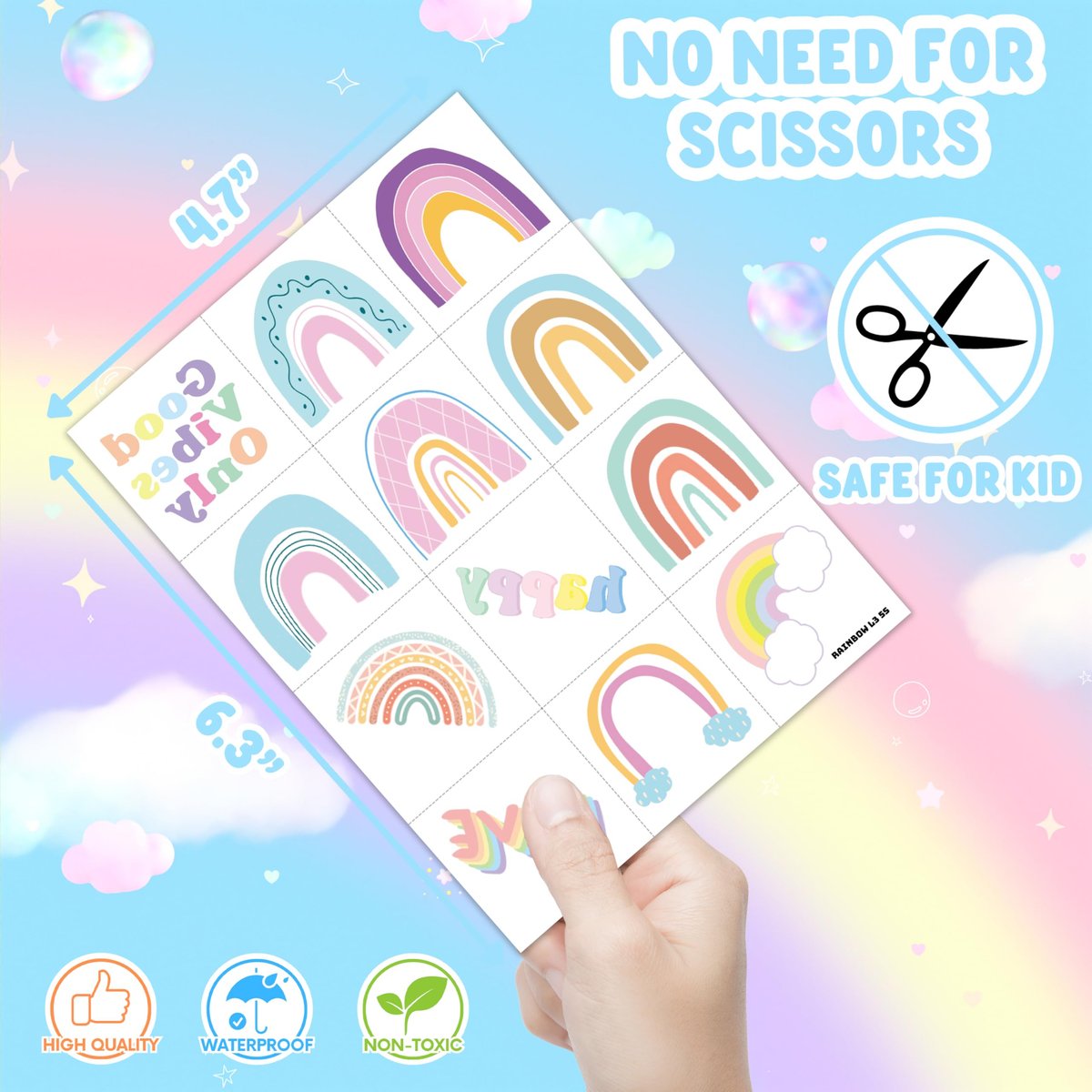 60 Pcs Pastel Rainbow Temporary Tattoos for Kids - Pre-Cut Boho Stickers for Birthday Party Favors, Baby Shower Decorations & School Rewards - görsel 7