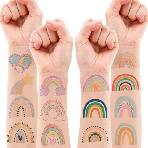 60 Pcs Pastel Rainbow Temporary Tattoos for Kids - Pre-Cut Boho Stickers for Birthday Party Favors, Baby Shower Decorations & School Rewards - görsel 14